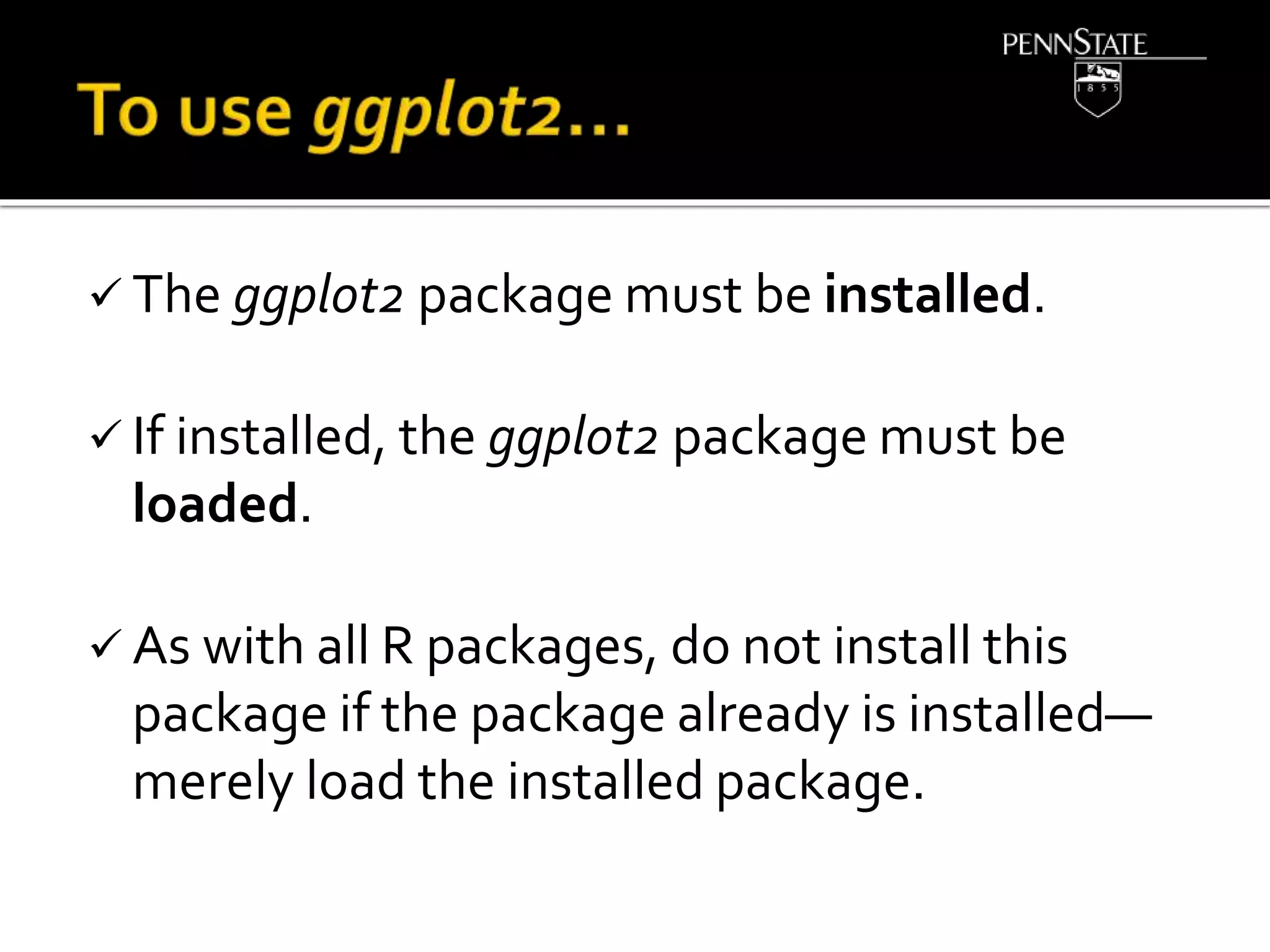  The ggplot2 package must be installed.
 If installed, the ggplot2 package must be
loaded.
 As with all R packages, do not install this
package if the package already is installed—
merely load the installed package.
 