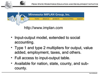 Input-output model, extended to social accounting. Type 1 and type 2 multipliers for output, value added, employment, taxes, and others. Full access to input-output table. Available for nation, state, county, and sub-county. http://www.implan.com 
