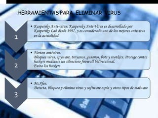 HERRAMIENTAS PARA ELIMINAR VIRUS 
1 
• Kaspersky Anti-virus: Kaspersky Anti-Virus es desarrollado por 
Kaspersky Lab desde 1997, y es considerado uno de los mejores antivirus 
en la actualidad. 
2 
• Norton antivirus. 
Bloquea virus, spyware, troyanos, gusanos, bots y rootkits. Protege contra 
hackers mediante un silencioso firewall bidireccional. 
Evita los hackers 
3 
• McAfee. 
Detecta, bloquea y elimina virus y software espía y otros tipos de malware 
 