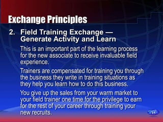 15
Exchange Principles
2. Field Training Exchange —
Generate Activity and Learn
This is an important part of the learning process
for the new associate to receive invaluable field
experience.
Trainers are compensated for training you through
the business they write in training situations as
they help you learn how to do this business.
You give up the sales from your warm market to
your field trainer one time for the privilege to earn
for the rest of your career through training your
new recruits.
 