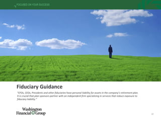27
FOCUSED ON YOUR SUCCESS
Fiduciary Guidance
“CFOs, CEOs, Presidents and other fiduciaries have personal liability for assets in the company’s retirement plan.
It is crucial that plan sponsors partner with an independent firm specializing in services that reduce exposure to
fiduciary liability.”
 