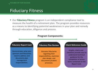 28
FOCUSED ON YOUR SUCCESS
Fiduciary Fitness
 Our Fiduciary Fitness program is an independent compliance tool to
measure the health of a retirement plan. The program provides resources
as a means to identifying potential weaknesses in your plan and remedy
through education, diligence and process.
Program Components:
Fiduciary Report Card
Demonstrates what plan
sponsors and fiduciaries
need to address and
documents plan
management
responsibilities.
Fiduciary Plan Review
Educates fiduciaries
regarding their
responsibilities, examines
plan design, and
documents prudent
processes.
Client Reference Guide
Graphs, charts and
checklists provide easy to
understand technical
guidance for the
completion of action
items contained on the
Report Card.
 