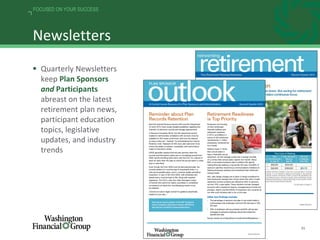 35
FOCUSED ON YOUR SUCCESS
Newsletters
 Quarterly Newsletters
keep Plan Sponsors
and Participants
abreast on the latest
retirement plan news,
participant education
topics, legislative
updates, and industry
trends
 