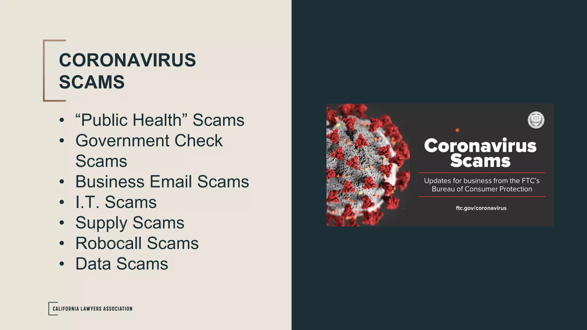 CORONAVIRUS
SCAMS
• “Public Health” Scams
• Government Check
Scams
• Business Email Scams
• I.T. Scams
• Supply Scams
• Robocall Scams
• Data Scams
 