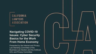 Navigating COVID-19
Issues: Cyber Security
Basics for the Work
From Home Economy
Presented by the Internet and Privacy
Law Standing Committee of the
Business Law Section and the Antitrust,
UCL and Privacy Committee
 