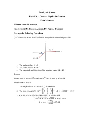 Faculty of Science
Phys 1301: General Physics for Medics
First Midterm
Allowed time: 90 minutes
Instructors: Dr. Hassan Ashour, Dr. Naji Al-Dahoudi
Answer the following Questions
Q1: Two vectors 𝐴 and 𝐵 are confined in 𝑥𝑧 −plane as shown in figure, find
1. The scalar product 𝐴 ∙ 𝐵
2. The vector product 𝐴 × 𝐵
3. The magnitude and direction of the resultant vector 3𝐴 − 2𝐵
Solution
The vector 𝑨 is 𝐴 = −5√2 cos 45 𝑖— 5√2 sin 45𝑘 → 𝐴 = −5𝑖 − 5𝑘
The vector B is 𝐵 = 7𝑖
1. The dot product of 𝐴 ∙ 𝐵 = −5(7) = −35 𝑢𝑛𝑖𝑡
2. The cross product of 𝐴 × 𝐵 = |
𝑖 𝑗 𝑘
−5 0 −5
7 0 0
| = −𝑗(−(−5)(7)) = −35 𝑗
3. 𝐶 = 3𝐴 − 2𝐵 = 3(−5𝑖 − 5𝑘) − 2(7𝑖) = −29𝑖 − 15𝑘
𝐶 = √292 + 152 = √1066 = 32.65 𝑢𝑛𝑖𝑡
𝜃 = 𝑡𝑎𝑛−1
(
−15
−29
) = 27.35°
 
