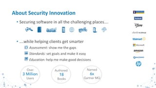 1
• Securing software in all the challenging places….
• ….while helping clients get smarter
Assessment: show me the gaps
Standards: set goals and make it easy
Education: help me make good decisions
Over
3 Million
Users
Authored
18
Books
Named
6x
Gartner MQ
About Security Innovation
 