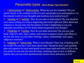 Personality types Myers-Briggs Type Indicator® 
1. Extroversion or Introversion Where do you live mentally? Do you 
attend...