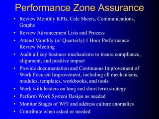 Performance Zone Assurance
• Review Monthly KPIs, Calc Sheets, Communications,
Graphs
• Review Advancement Lists and Proce...