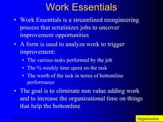 Work Essentials
• Work Essentials is a streamlined reengineering
process that scrutinizes jobs to uncover
improvement opportunities
• A form is used to analyze work to trigger
improvement:
• The various tasks performed by the job
• The % weekly time spent on the task
• The worth of the task in terms of bottomline
performance
• The goal is to eliminate non value adding work
and to increase the organizational time on things
that help the bottomline
Organization© 1986-2014 SHP Consulting Limited, Samuel H. Pratt
 