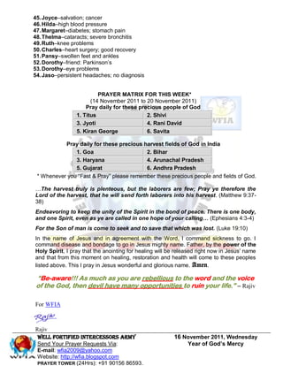 45. Joyce–salvation; cancer
46. Hilda–high blood pressure
47. Margaret–diabetes; stomach pain
48. Thelma–cataracts; severe bronchitis
49. Ruth–knee problems
50. Charles–heart surgery; good recovery
51. Pansy–swollen feet and ankles
52. Dorothy–friend: Parkinson’s
53. Dorothy–eye problems
54. Jaso–persistent headaches; no diagnosis


                          PRAYER MATRIX FOR THIS WEEK*
                       (14 November 2011 to 20 November 2011)
                     Pray daily for these precious people of God
                 1. Titus                    2. Shivi
                 3. Jyoti                    4. Rani David
                 5. Kiran George             6. Savita

           Pray daily for these precious harvest fields of God in India
               1. Goa                     2. Bihar
               3. Haryana                 4. Arunachal Pradesh
               5. Gujarat                 6. Andhra Pradesh
 * Whenever you ―Fast & Pray‖ please remember these precious people and fields of God.

…The harvest truly is plenteous, but the laborers are few; Pray ye therefore the
Lord of the harvest, that he will send forth laborers into his harvest. (Matthew 9:37-
38)
Endeavoring to keep the unity of the Spirit in the bond of peace. There is one body,
and one Spirit, even as ye are called in one hope of your calling… (Ephesians 4:3-4)
For the Son of man is come to seek and to save that which was lost. (Luke 19:10)
In the name of Jesus and in agreement with the Word, I command sickness to go. I
command disease and bondage to go in Jesus mighty name. Father, by the power of the
Holy Spirit, I pray that the anointing for healing will be released right now in Jesus’ name
and that from this moment on healing, restoration and health will come to these peoples
listed above. This I pray in Jesus wonderful and glorious name. Amen.

 “Be-aware!!! As much as you are rebellious to the word and the voice
 of the God, then devil have many opportunities to ruin your life.” – Rajiv

For WFIA



Rajiv
 Well Fortified Intercessors Army                        16 November 2011, Wednesday
 Send Your Prayer Requests Via:                              Year of God’s Mercy
 E-mail: wfia2009@yahoo.com
 Website: http://wfia.blogspot.com
 PRAYER TOWER (24Hrs): +91 90156 86593.
 