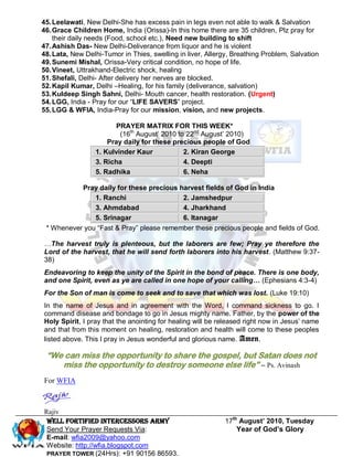 45. Leelawati, New Delhi-She has excess pain in legs even not able to walk & Salvation
46. Grace Children Home, India (Orissa)-In this home there are 35 children, Plz pray for
    their daily needs (Food, school etc.), Need new building to shift
47. Ashish Das- New Delhi-Deliverance from liquor and he is violent
48. Lata, New Delhi-Tumor in Thies, swelling in liver, Allergy, Breathing Problem, Salvation
49. Sunemi Mishal, Orissa-Very critical condition, no hope of life.
50. Vineet, Uttrakhand-Electric shock, healing
51. Shefali, Delhi- After delivery her nerves are blocked.
52. Kapil Kumar, Delhi –Healing, for his family (deliverance, salvation)
53. Kuldeep Singh Sahni, Delhi- Mouth cancer, health restoration. (Urgent)
54. LGG, India - Pray for our ―LIFE SAVERS‖ project.
55. LGG & WFIA, India-Pray for our mission, vision, and new projects.

                        PRAYER MATRIX FOR THIS WEEK*
                         (16th August’ 2010 to 22nd August’ 2010)
                     Pray daily for these precious people of God
                 1. Kulvinder Kaur            2. Kiran George
                 3. Richa                     4. Deepti
                 5. Radhika                   6. Neha

           Pray daily for these precious harvest fields of God in India
               1. Ranchi                  2. Jamshedpur
               3. Ahmdabad                4. Jharkhand
               5. Srinagar                6. Itanagar
 * Whenever you ―Fast & Pray‖ please remember these precious people and fields of God.

…The harvest truly is plenteous, but the laborers are few; Pray ye therefore the
Lord of the harvest, that he will send forth laborers into his harvest. (Matthew 9:37-
38)
Endeavoring to keep the unity of the Spirit in the bond of peace. There is one body,
and one Spirit, even as ye are called in one hope of your calling… (Ephesians 4:3-4)
For the Son of man is come to seek and to save that which was lost. (Luke 19:10)
In the name of Jesus and in agreement with the Word, I command sickness to go. I
command disease and bondage to go in Jesus mighty name. Father, by the power of the
Holy Spirit, I pray that the anointing for healing will be released right now in Jesus’ name
and that from this moment on healing, restoration and health will come to these peoples
listed above. This I pray in Jesus wonderful and glorious name. Amen.

 “We can miss the opportunity to share the gospel, but Satan does not
    miss the opportunity to destroy someone else life” – Ps. Avinash
For WFIA



Rajiv
 Well Fortified Intercessors Army                           17th August’ 2010, Tuesday
 Send Your Prayer Requests Via:                                 Year of God’s Glory
 E-mail: wfia2009@yahoo.com
 Website: http://wfia.blogspot.com
 PRAYER TOWER (24Hrs): +91 90156 86593.
 
