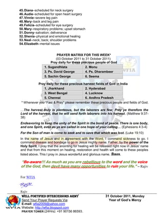 45. Diana–scheduled for neck surgery
46. Audie–scheduled for open heart surgery
47. Vinnie–severe leg pain
48. Mary–back and leg pain
49. Felicia–scheduled for eye surgery
50. Mary–respiratory problems; upset stomach
51. Donny–salvation; deliverance
52. Shenia–physical and emotional healing
53. Neal–neck; back; shoulder problems
54. Elizabeth–mental issues


                          PRAYER MATRIX FOR THIS WEEK*
                         (03 October 2011 to 31 October 2011)
                     Pray daily for these precious people of God
                 1. Sugandhlata              2. Monu
                 3. Ps. David George         4. Ps. Dharambeer
                 5. Sachin George            6. Seema

           Pray daily for these precious harvest fields of God in India
               1. Jharkhand               2. Hyderabad
               3. West Bengal             4. Lucknow
               5. Chennai                 6. Andhra Pradesh
 * Whenever you “Fast & Pray” please remember these precious people and fields of God.

…The harvest truly is plenteous, but the laborers are few; Pray ye therefore the
Lord of the harvest, that he will send forth laborers into his harvest. (Matthew 9:37-
38)
Endeavoring to keep the unity of the Spirit in the bond of peace. There is one body,
and one Spirit, even as ye are called in one hope of your calling… (Ephesians 4:3-4)
For the Son of man is come to seek and to save that which was lost. (Luke 19:10)
In the name of Jesus and in agreement with the Word, I command sickness to go. I
command disease and bondage to go in Jesus mighty name. Father, by the power of the
Holy Spirit, I pray that the anointing for healing will be released right now in Jesus’ name
and that from this moment on healing, restoration and health will come to these peoples
listed above. This I pray in Jesus wonderful and glorious name. Amen.

 “Be-aware!!! As much as you are rebellious to the word and the voice
 of the God, then devil have many opportunities to ruin your life.” – Rajiv

For WFIA



Rajiv
 Well Fortified Intercessors Army                            31 October 2011, Monday
 Send Your Prayer Requests Via:                                Year of God’s Mercy
 E-mail: wfia2009@yahoo.com
 Website: http://wfia.blogspot.com
 PRAYER TOWER (24Hrs): +91 90156 86593.
 