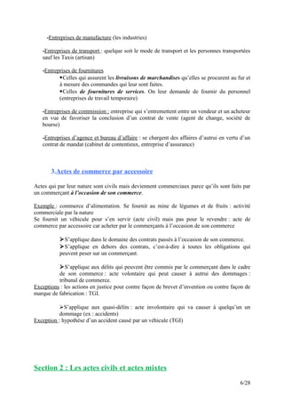 -Entreprises de manufacture (les industries)
-Entreprises de transport : quelque soit le mode de transport et les personnes transportées
sauf les Taxis (artisan)
-Entreprises de fournitures
Celles qui assurent les livraisons de marchandises qu’elles se procurent au fur et
à mesure des commandes qui leur sont faites.
Celles de fournitures de services. On leur demande de fournir du personnel
(entreprises de travail temporaire)
-Entreprises de commission : entreprise qui s’entremettent entre un vendeur et un acheteur
en vue de favoriser la conclusion d’un contrat de vente (agent de change, société de
bourse)
-Entreprises d’agence et bureau d’affaire : se chargent des affaires d’autrui en vertu d’un
contrat de mandat (cabinet de contentieux, entreprise d’assurance)
3.Actes de commerce par accessoire
Actes qui par leur nature sont civils mais deviennent commerciaux parce qu’ils sont faits par
un commerçant à l’occasion de son commerce.
Exemple : commerce d’alimentation. Se fournit au mine de légumes et de fruits : activité
commerciale par la nature
Se fournit un véhicule pour s’en servir (acte civil) mais pas pour le revendre : acte de
commerce par accessoire car acheter par le commerçants à l’occasion de son commerce
S’applique dans le domaine des contrats passés à l’occasion de son commerce.
S’applique en dehors des contrats, c’est-à-dire à toutes les obligations qui
peuvent peser sur un commerçant.
S’applique aux délits qui peuvent être commis par le commerçant dans le cadre
de son commerce : acte volontaire qui peut causer à autrui des dommages :
tribunal de commerce.
Exceptions : les actions en justice pour contre façon de brevet d’invention ou contre façon de
marque de fabrication : TGI.
S’applique aux quasi-délits : acte involontaire qui va causer à quelqu’un un
dommage (ex : accidents)
Exception : hypothèse d’un accident causé par un véhicule (TGI)
Section 2 : Les actes civils et actes mixtes
6/28
 