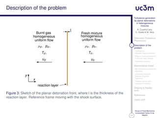 17
Turbulence generation
by planar detonations
in heterogeneous
mixtures
A. Cuadra-Lara,
C. Huete & M. Vera
Detonation Turbulence
Phenomena
4 Description of the
problem
1D Reactive
Rankine-Hugoniot relation
Effect of local perturbations
in the fuel mass fraction
Qualitative analysis
Mathematical model
Non-dimensional governing
equations
Linearized Reactive
Rankine-Hugoniot
Equations
Problem domain and
boundary conditions
Ongoing & Parallel
work
References
Useful stuff
Group of Fluid Mechanics
Universidad Carlos III de
Madrid
Description of the problem
Burnt gas
homogeneous
uniform ﬂow
Fresh mixture
homogeneous
uniform ﬂow
l
reaction layer
y
x
ρd , pd ,
Td ,
ud
ρo, po,
To,
uo
Figure 3: Sketch of the planar detonation front, where l is the thickness of the
reaction layer. Reference frame moving with the shock surface.
 