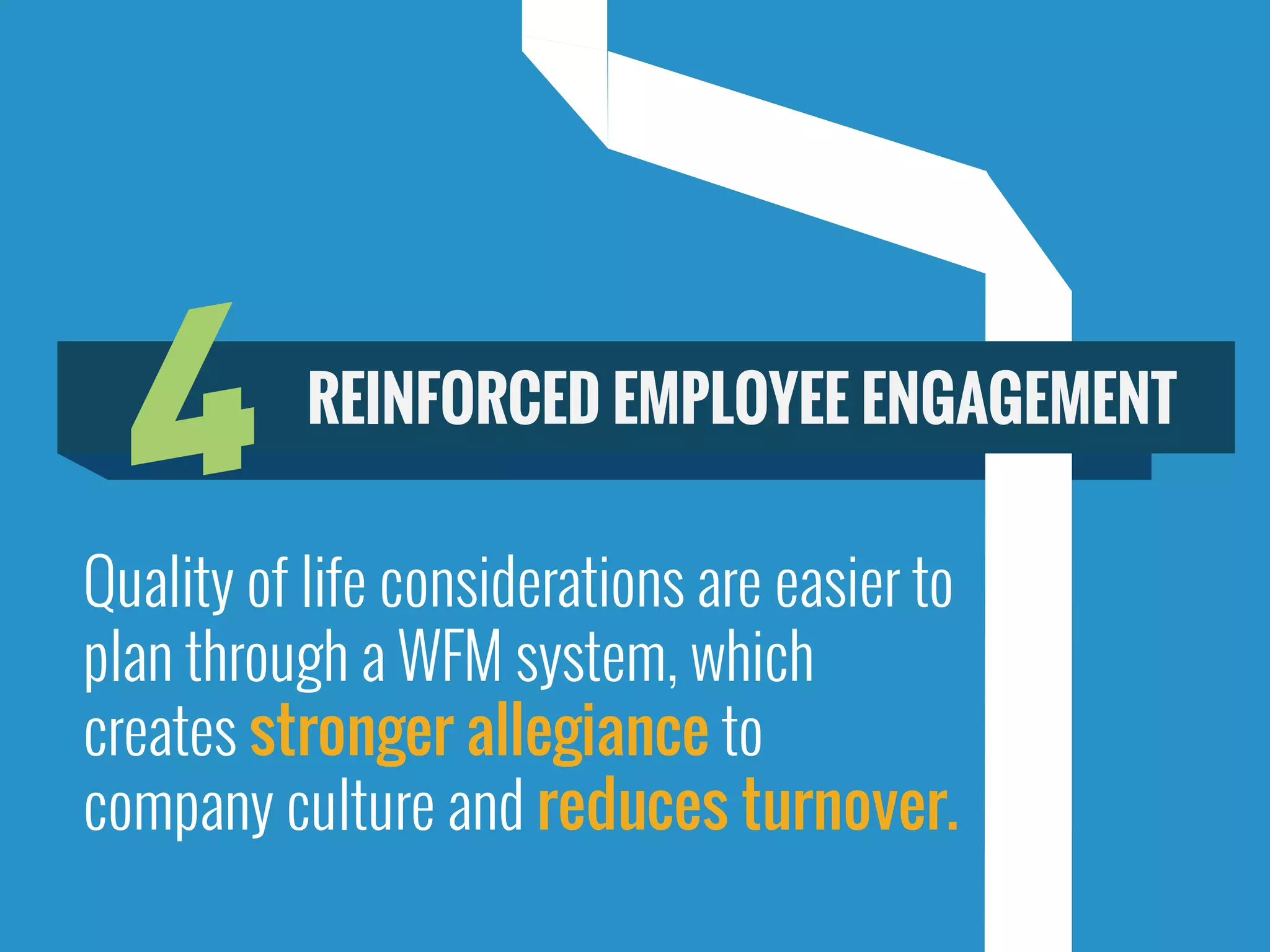 4 REINFORCED EMPLOYEE ENGAGEMENT
Quality of life considerations are easier to
plan through a WFM system, which
creates stronger allegiance to
company culture and reduces turnover.
 
