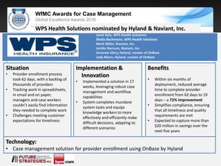 Sponsored by:
WfMC Awards for Case Management
Global Excellence Awards 2016
Sponsored by:
WPS Health Solutions nominated by Hyland & Naviant, Inc.
Situation
• Provider enrollment process
took 62 days, with a backlog of
thousands of providers
• Tracking work in spreadsheets,
in email and on paper,
managers and case workers
couldn’t easily find information
they needed to complete work
• Challenges meeting customer
expectations for timeliness
Implementation &
Innovation
• Implemented a solution in 17
weeks, leveraging robust case
management and workflow
capabilities
• System completes mundane
system tasks and equips
knowledge workers to more
effectively and efficiently make
difficult decisions, adapting to
different scenarios
Benefits
• Within six months of
deployment, reduced average
time to complete provider
enrollment from 62 days to 19
days – a 72% improvement
• Simplifies compliance, ensuring
that all timeliness and quality
requirements are met
• Expected to capture more than
$20 million in savings over the
next five years
Technology:
• Case management solution for provider enrollment using OnBase by Hyland
Janet Kyle, WPS Health Solutions
Sheila Bechmann, WPS Health Solutions
Mark Miller, Naviant, Inc.
Jenifer Barnum, Naviant, Inc.
Amanda Ulery, Hyland, creator of OnBase
Judy Mann, Hyland, creator of OnBase
 