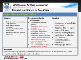 Sponsored by:
WfMC Awards for Case Management
Global Excellence Awards 2016
Sponsored by:
Genpact Neural Intelligent Platform
Genpact nominated by Salesforce
Situation
• Contact centers have long queues
• Language barrier
• Agent are not updated,
Inconsistent
• Too many handoffs, multiple
data sources
• Wasted time and poor customer
experience
Implementation &
Innovation
• Genpact Neural Intelligent
platform
• Accepts queries in human
language
• Interprets queries and
investigates the problem
based on its corpus of
knowledge, like a human SME
• Provides probable resolutions
with confidence score
• Learns continuously from
every transaction
• Can be leveraged in multiple,
industry specific solutions
Benefits
• Consistency of knowledge
and training
• Disparate data for agent
now in ONE place
• Globally leveraged across
training and production
• 24/7 Support
• Excellent customer
experience
• No Language Barrier
Technology:
Machine Learning-based solution with Predictive analytics to answer the next likely
question and advising on next best actions
 
