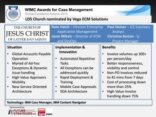 Sponsored by:
WfMC Awards for Case Management
Global Excellence Awards 2016
Sponsored by:
LDS Church nominated by Vega ECM Solutions
Situation
• Global Accounts Payable
Operation
• Myriad of Ad-hoc
Exceptions & Dynamic
Issue handling
• High Value Approvers
Mobility
• New Service Oriented
Architecture
Implementation &
Innovation
• Automated Repetitive
Tasks
• All Exceptions can be
addressed quickly
• Rapid Deployment &
Training
• Mobile Case Approvals
• SOA Architecture
Benefits
• Invoice volumes up 300+
per person/day
• Better responsiveness,
visibility and control
• Non-PO invoices reduced
to 45 mins from 7 days
• Cost of processing down
more than 25%
• High Value Invoice
handling down 75%
Technology: IBM Case Manager, IBM Content Navigator
Nate Hatch – Director Enterprise
Application Management
Jasen Mikals – Director of ECM
and DevOps
Paul Heiner – ICS Solutions
Analyst
Christine Barton - Sr
Project Manager
 