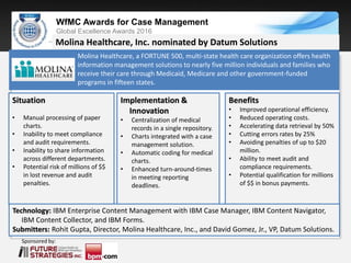 Sponsored by:
WfMC Awards for Case Management
Global Excellence Awards 2016
Sponsored by:
Molina Healthcare, a FORTUNE 500, multi-state health care organization offers health
information management solutions to nearly five million individuals and families who
receive their care through Medicaid, Medicare and other government-funded
programs in fifteen states.
Molina Healthcare, Inc. nominated by Datum Solutions
Situation
• Manual processing of paper
charts.
• Inability to meet compliance
and audit requirements.
• Inability to share information
across different departments.
• Potential risk of millions of $$
in lost revenue and audit
penalties.
Implementation &
Innovation
• Centralization of medical
records in a single repository.
• Charts integrated with a case
management solution.
• Automatic coding for medical
charts.
• Enhanced turn-around-times
in meeting reporting
deadlines.
Benefits
• Improved operational efficiency.
• Reduced operating costs.
• Accelerating data retrieval by 50%
• Cutting errors rates by 25%
• Avoiding penalties of up to $20
million.
• Ability to meet audit and
compliance requirements.
• Potential qualification for millions
of $$ in bonus payments.
Technology: IBM Enterprise Content Management with IBM Case Manager, IBM Content Navigator,
IBM Content Collector, and IBM Forms.
Submitters: Rohit Gupta, Director, Molina Healthcare, Inc., and David Gomez, Jr., VP, Datum Solutions.
 