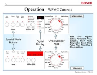 WFMC3200UC 
2nd Edition/Revision 1 (7/21/04) 
13 
Operation ––WFMC Controls 
Both have Regular/ 
Cotton, Permanent Press, 
Delicates, Hand Wash, 
Temperature Boost, Wool, 
Active Wear, Rinse Plus  
Bleach settings. 
WFMC64UC 
Cycle Selector 
Knob 
Digital 
Display 
Special Wash 
Buttons 
 