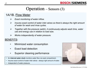 17 / 
2nd Edition/Revision 1 (7/21/04) 
Operation –– Sensors (3) 
1A/1B. Flow Meter 
¾ Exact monitoring of water inflow. 
¾ Insures exact control of water inlet valves so there’s always the right amount 
of water for wash and rinse cycles. 
¾ Together with the pressure switch, it continuously adjusts wash time, water 
use and energy use in relation to load size. 
¾ Works independently of water pressure. 
BENEFITS: 
• Minimized water consumption 
• Exact load detection 
• Superior cleaning performance 
• An internal water clock monitors water flow via soak compartment. 
• Insures exact control of water inlet valves - always right amount of water. 
• Independent of water pressure. 
 