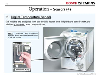 18 / 
2nd Edition/Revision 1 (7/21/04) 
Operation –– Sensors (4) 
2. Digital Temperature Sensor 
All models are equipped with an electric heater and temperature sensor (NTC) to 
deliver guaranteed wash temperatures. 
NOTE: Compare with competition 
washers which only have heaters in top 
of the line models. 
Heater 
Thermostat (NTC) 
 