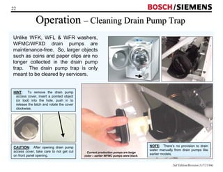 22 / 
Operation –– Cleaning Drain Pump Trap 
2nd Edition/Revision 1 (7/21/04) 
Unlike WFK, WFL  WFR washers, 
WFMC/WFXD drain pumps are 
maintenance-free. So, larger objects 
such as coins and paper clips are no 
longer collected in the drain pump 
trap. The drain pump trap is only 
meant to be cleared by servicers. 
NOTE: There’s no provision to drain 
water manually from drain pumps like 
earlier models. 
HINT: To remove the drain pump 
access cover, insert a pointed object 
(or tool) into the hole, push in to 
release the latch and rotate the cover 
clockwise. 
Current production pumps are beige 
color – earlier WFMC pumps were black. 
CAUTION: After opening drain pump 
access cover, take care to not get cut 
on front panel opening. 
 