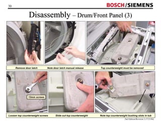 30 / 
Disassembly –– Drum/Front Panel (3) 
Remove door latch Note door latch manual release Top counterweight must be removed 
2nd Edition/Revision 1 (7/21/04) 
13mm screws 
Loosen top counterweight screws Slide out top counterweight Note top counterweight bushing slots in tub 
 