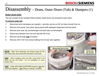 37 / 
Disassembly –– Drum, Outer Drum (Tub)  Dampers (1) 
Outer drum (tub) 
The tub consists of two durable Polinox plastic shells which are screwed to each other. 
To remove outer tub: 
1. Disconnect wire harnesses (as needed) – wire ties can be cut off, but clips shouldn’t be cut. 
2. Remove front panel, rear panel, fascia panel (with detergent dispenser) and top panel. 
3. Remove door seal, top counterweight and both side counterweights. 
4. Disconnect dampers from tub and slip belt off of tub. 
5. Remove tub through rear of washer. 
6. Remove (18) T-25 Torx screws holding front  rear tubs together. 
2nd Edition/Revision 1 (7/21/04) 
NOTE: Rear drum bearings are factory press fit into 
rear outer tubs and cannot be removed or serviced. 
HINT: When installing outer tub bolts, screw them in by 
hand onto the first thread. Do not overtighten or cross-thread 
them. 
Removing 
tub screws 
Damper 
Removing front of tub 
T-25 screws 
HINT: Unlike WFL2060  WFR2460 washers, no clips 
hold tubs together – no drilling or cutting is needed. 
 