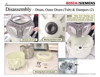 38 / 
Disassembly –– Drum, Outer Drum (Tub)  Dampers (2) 
2nd Edition/Revision 1 (7/21/04) 
Lift drum out of tub 
Bearing and drum shaft 
Showing drum and tub parts 
NOTE: Rear drum bearings are 
factory press fit into rear outer tubs 
and cannot be removed or serviced. 
 