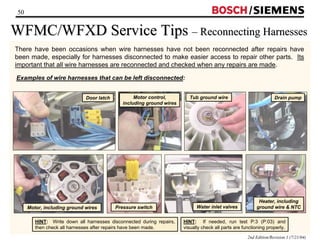 50 / 
WFMC/WFXD Service Tips –– Reconnecting Harnesses 
There have been occasions when wire harnesses have not been reconnected after repairs have 
been made, especially for harnesses disconnected to make easier access to repair other parts. Its 
important that all wire harnesses are reconnected and checked when any repairs are made. 
Examples of wire harnesses that can be left disconnected: 
2nd Edition/Revision 1 (7/21/04) 
HINT: Write down all harnesses disconnected during repairs, 
then check all harnesses after repairs have been made. 
HINT: If needed, run test P:3 (P:03) and 
visually check all parts are functioning properly. 
Motor, including ground wires 
Tub ground wire 
Heater, including 
ground wire  NTC 
Motor control, 
including ground wires 
Door latch 
Pressure switch Water inlet valves 
Drain pump 
 