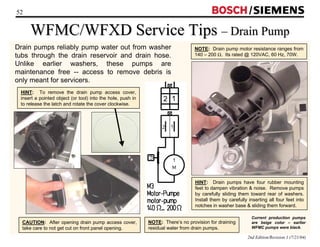 52 / 
WFMC/WFXD Service Tips –– Drain Pump 
Drain pumps reliably pump water out from washer 
tubs through the drain reservoir and drain hose. 
Unlike earlier washers, these pumps are 
maintenance free -- access to remove debris is 
only meant for servicers. 
NOTE: Drain pump motor resistance ranges from 
140 – 200 Ω. Its rated @ 120VAC, 60 Hz, 70W. 
HINT: Drain pumps have four rubber mounting 
feet to dampen vibration  noise. Remove pumps 
by carefully sliding them toward rear of washers. 
Install them by carefully inserting all four feet into 
notches in washer base  sliding them forward. 
2nd Edition/Revision 1 (7/21/04) 
HINT: To remove the drain pump access cover, 
insert a pointed object (or tool) into the hole, push in 
to release the latch and rotate the cover clockwise. 
NOTE: There’s no provision for draining 
residual water from drain pumps. 
Current production pumps 
are beige color – earlier 
WFMC pumps were black. 
CAUTION: After opening drain pump access cover, 
take care to not get cut on front panel opening. 
 