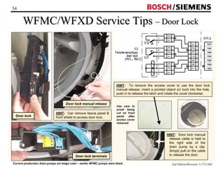54 / 
WFMC/WFXD Service Tips –– Door Lock 
2nd Edition/Revision 1 (7/21/04) 
Door lock manual release 
HINT: Can remove fascia panel  
Door lock front shield to access door lock. 
Door lock terminals 
HINT: To remove the access cover to use the door lock 
manual release, insert a pointed object (or tool) into the hole, 
push in to release the latch and rotate the cover clockwise. 
HINT: Door lock manual 
release cable is held to 
the right side of the 
drain pump by a clip. 
Simply pull on the cable 
to release the door. 
Use care to 
avoid being 
cut on front 
panel after 
access cover 
removed. 
Current production drain pumps are beige color – earlier WFMC pumps were black. 
 