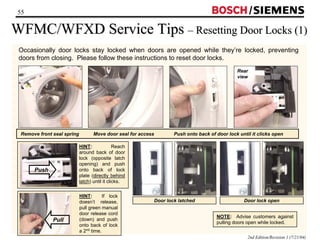 55 / 
WFMC/WFXD Service Tips –– Resetting Door Locks (1) 
Occasionally door locks stay locked when doors are opened while they’re locked, preventing 
doors from closing. Please follow these instructions to reset door locks. 
Rear 
view 
Remove front seal spring Move door seal for access Push onto back of door lock until it clicks open 
NOTE: Advise customers against 
pulling doors open while locked. 
2nd Edition/Revision 1 (7/21/04) 
HINT: Reach 
around back of door 
lock (opposite latch 
opening) and push 
onto back of lock 
plate (directly behind 
latch) until it clicks. 
Push 
HINT: If lock 
doesn’t release, 
pull green manual 
door release cord 
(down) and push 
onto back of lock 
a 2nd time. 
Pull 
Door lock latched Door lock open 
 