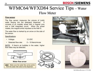 / 
WFMC64/WFXD84 Service Tips ––Water 
Water flow 
Cold 
Cold 
2nd Edition/Revision 1 (7/21/04) 
Flow Meter 
58 
Flow sensor 
The flow sensor measures the volume of (cold) 
water flowing into the detergent dispenser. It 
consists of an impeller wheel with a magnet core 
and a Hall integrated circuit. When the wheel 
rotates, the magnet emits impulses to the Hall IC. 
The water flow is marked by an arrow on the side of 
the sensor. 
Specifications: 
• Voltage: 12 VDC 
• Detected flow rate: 0 – 10 liters/minute 
NOTE: If there’s air bubbles in the water, higher 
flow rates may be detected. 
Water flow arrow 
HINT: Make sure the water flow arrow points 
from the water inlet valve to the dispenser. 
Hot 
 
