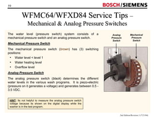59 / 
WFMC64/WFXD84 Service Tips –– 
Mechanical  Analog Pressure Switches 
2nd Edition/Revision 1 (7/21/04) 
The water level (pressure switch) system consists of a 
mechanical pressure switch and an analog pressure switch. 
Mechanical Pressure Switch 
The mechanical pressure switch (brown) has (3) switching 
positions: 
• Water level  level 1 
• Water heating level 
• Overflow level 
Analog Pressure Switch 
The analog pressure switch (black) determines the different 
water levels in the various wash programs. It is piezo-electric 
(pressure on it generates a voltage) and generates between 0.5 - 
3.5 VDC. 
HINT: Its not helpful to measure the analog pressure switch 
voltage because its shown on the digital display while the 
washer is in the test program. 
Mechanical 
Pressure 
Switch 
Analog 
Pressure 
Switch 
 