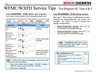 72 / 
WFMC/WXFD Service Tips –– Test Program (4): Tests 4  5 
Test P5:VARIANT / P:05 (Model coding) 
Skip test 5. Both factory  replacement control 
modules are preprogrammed and cannot be 
changed. So, there’s no way to change the 
module configurations. 
• WFMC32/WFXD52 displays show 0:7  
1:0 as test P5 is scrolled through. 
• WFMC64/WFXD84 displays show 0:7, 1:0 
 2:0 as test P5 is scrolled through. 
HINT: If Start/Pause light doesn’t come 
on for some tests, door is open. Turn off 
washer, then close door. 
HINT: Start/Pause button light: 
• Flashes red when tests can be selected or 
scrolled through. 
• Stays red continually (or stays off) when 
tests are running. 
• Doesn’t come on for some tests if door is 
open. 
2nd Edition/Revision 1 (7/21/04) 
Test P4:MOTOR / P:04 (Motor test program) -- 
Test 4 turns on motor (wash  spin) and generates fault codes. 
The test takes  10 minutes to run and ends on its own, but can be 
stopped by pushing the Spin Selection button 
(WFMC32/WFXD52) or Menu button (WFMC64/WFXD84). 
Operation WFMC64/WFXD84 Display Notes 
Runs 6 seconds 
ccw 
Checks wash speed 
(50 RPM) 
Stops and 
pauses for 2 
seconds 
Runs 4 seconds 
cw 
Checks wash speed 
(50 RPM) 
Stops and 
pauses for 2 
seconds 
Spins to full speed -- 
1200 RPM 
(WFMC64/ WFXD84) 
or 1000 RPM 
(WFMC32/WFXD52) 
Checks spin speed -- 
stops @ 100 RPM if 
load unbalanced. 
D M P H V 1 2 3 N0 
050 0051 
D M P H V 1 2 3 N0 
000 0000 
D M P H V 1 2 3 N0 
050 0051 
D M P H V 1 2 3 N0 
000 0000 
D M P H V 1 2 3 N0 
1200 1200 
HINT: If motor fault codes are generated, check both motor 
control and motor for problems. 
• Check motor control output voltage (~ 120 VAC, 3-phase, 0 
- 400 Hz). Control output can be 90 – 190 VAC. 
• Check motor resistances. 
 