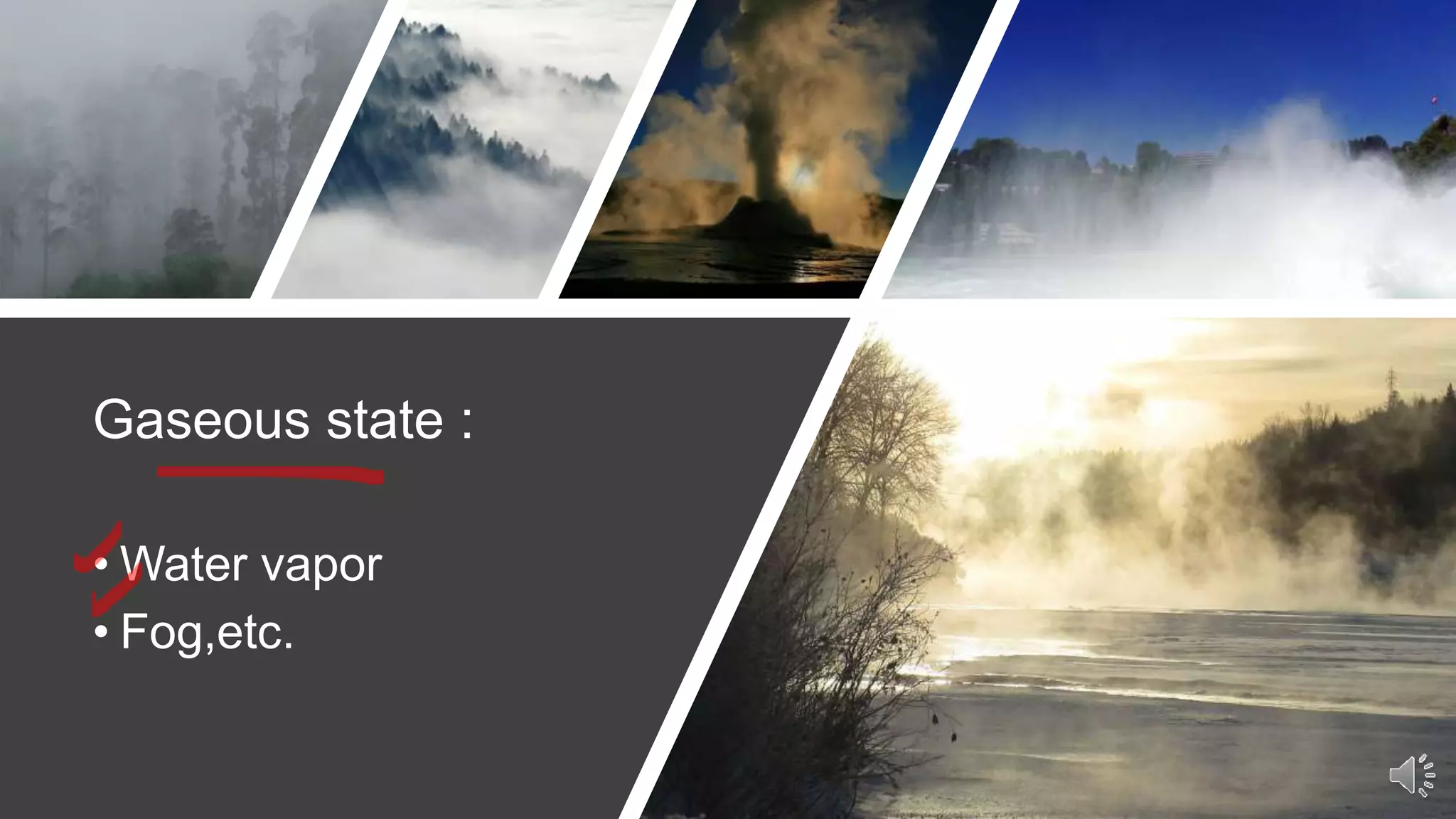 Gaseous state :
• Water vapor
• Fog,etc.
 