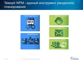Teleopti WFM -единый инструмент ресурсного планирования 
24.11.2014 
© 2014 Cisco and/or its affiliates. All rights reserved. 5 
ПРОГНОЗИРОВАНИЕ 
ПЛАНИРОВАНИЕ 
CONTACT CENTRE 
RETAIL 
BACK OFFICE  