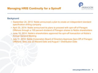 Managing HRIS Continuity for a Spinoff
Background
• September 24, 2013: Noble announced a plan to create an independent st...