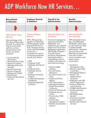 ADP Workforce Now HR Services…
    Recruitment                  Employee Records             Payroll & Tax                Benefits
    & Selection                  & Relations                  Administration               Administration




               ±                           ±                            ±                          ±
    Make Smarter Hiring          Enhance Employee             Administer Payroll with      Administer Benefits
    Decisions                    Relations                    Confidence                   More Efficiently

    Take advantage of the        ADP’s offering brings        Payroll and employee tax     ADP’s dedicated service
    full range of Recruitment    together its full-featured   processing with ADP is       team and Web-based
    Services. You choose the     HR Management system,        Web-based, with              HR/Benefits system gives
    level of service that’s      Employee Self Service        interfaces to your General   you the access you need
    right for you from           Tools, Employee Service      Ledger and Time & Labor      to address benefits
    powerful tools to full       Center and Value-added       Management applications.     administration. Streamline
    service recruitment          services for a               ADP handles all aspects      communications and
    assistance.                  comprehensive solution       of payroll and tax           effectively manage benefit
                                 to managing employee         processing. Management       costs with insurance
    • Customized Job             records and relations.       reporting provides a         carrier connections and
      Descriptions                                            comprehensive view of        vendor invoice
    • Benchmark Pay Scales       • HRIS                       workforce information for    reconciliation.
    • Applicant Tracking         • Employee Portal            sound decision-making.
    • Managed Online Job         • Employee Self Service                                   • Enrollment
      Postings*                    Tools                      • General Ledger               Management Tools
    • Resume Searching*          • Employee Perks               Interface                  • Electronic data feeds
    • Resume Screening*          • Employee Service           • Pre and Post-tax             to providers
    • Background Checks*           Center                       Deductions                 • Management Reports
    • Drug Testing*              • Employee Assistance        • Tax Administration and     • Section 125
    • Full-service Recruitment     Program                      Filing                       Implementation
      Services*                  • Customized Employee        • Checks and Direct            Assistance
                                   Handbooks                    Deposit                    • Integration with ADP
                                 • Employee-related HR        • W-2 Administration           Payroll Applications
                                   Guidance                   • Management Reports         • Premium Deductions
                                                              • Wage Garnishments            and Processing
                                                                Processing                 • COBRA Administration
                                                              • Paid Time Off Accruals     • Flexible Spending
                                                              • Employee Service             Accounts*
                                                                Center                     • 401(k)/Retirement
                                                              • Time & Labor (TLM)           Services*
                                                                Interface                  • Commuter Card Plan
                                                              • Time & Labor                 & Administration*
                                                                Management System*         • Benefits Administration
                                                              • Workers’ Compensation        Services*
                                                                Services*



3
 