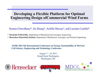 Developing a Flexible Platform for Optimal 
Engineering Design ofCommercial Wind Farms 
Souma Chowdhury*, Jie Zhang*, Achille Messac#, and Luciano Castillo* 
# Syracuse University, Department of Mechanical and Aerospace Engineering 
* Rensselaer Polytechnic Institute, Department of Mechanical, Aerospace, and Nuclear Engineering 
ASME 2011 5th International Conference on Energy Sustainability & 9th Fuel 
Cell Science, Engineering and Technology Conference 
August 7 – 10, 2011 
Grand Hyatt Washington 
Washington, DC 
 