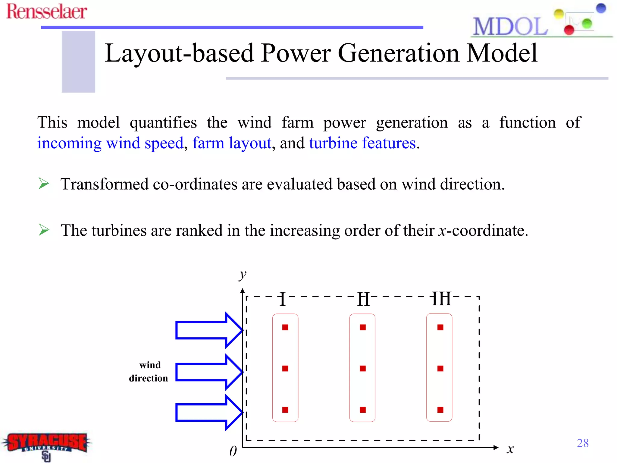28
Layout-based Power Generation Model
This model quantifies the wind farm power generation as a function of
incoming wind speed, farm layout, and turbine features.
 Transformed co-ordinates are evaluated based on wind direction.
 The turbines are ranked in the increasing order of their x-coordinate.
wind
direction
I II III
x
y
0
 