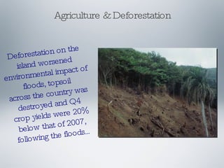 Agriculture & Deforestation Deforestation on the island worsened environmental impact of floods, topsoil across the country was destroyed and Q4 crop yields were 20% below that of 2007, following the floods... 