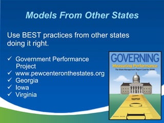 Models From Other States <ul><li>Use BEST practices from other states  </li></ul><ul><li>doing it right. </li></ul><ul><li...