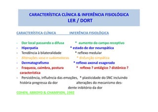 CARACTERÍSTICA CLÍNICA & INFERÊNCIA FISIOLÓGICA
LER / DORT
CARACTERÍSTICA CLÍNICA INFERÊNCIA FISIOLÓGICA
- Dor local passando a difusa * aumento do campo receptivo
- Hiperpatia * estado de dor neuropática
- Tendência à bilateralidade * reflexo medular
- Alterações vaso e sudomotoras * disfunção simpática
- Dermatografismo * reflexo axonal esagerado
- Fraqueza, caimbra, postura * reflexo ? antálgico ? distônico ?
característica
- Persistência, influência das emoções, * plasticidade do SNC incluindo
história pregressa da dor alterações do mecanismo des-
dente inibitório da dor
COHEN, ARROYO & CHAMPION, 1992
 