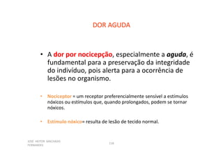 JOSÉ HEITOR MACHADO
FERNANDES
118
DOR AGUDA
• A dor por nocicepção, especialmente a aguda, é
fundamental para a preservação da integridade
do indivíduo, pois alerta para a ocorrência de
lesões no organismo.
• Nociceptor = um receptor preferencialmente sensível a estímulos
nóxicos ou estímulos que, quando prolongados, podem se tornar
nóxicos.
• Estímulo nóxico= resulta de lesão de tecido normal.
 