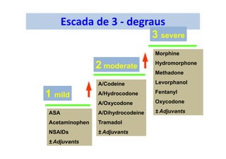 Escada de 3 - degraus
1 mild1 mild
2 moderate2 moderate
3 severe3 severe
Morphine
Hydromorphone
Methadone
Levorphanol
Fentanyl
Oxycodone
± Adjuvants
Morphine
Hydromorphone
Methadone
Levorphanol
Fentanyl
Oxycodone
± Adjuvants
A/Codeine
A/Hydrocodone
A/Oxycodone
A/Dihydrocodeine
Tramadol
± Adjuvants
A/Codeine
A/Hydrocodone
A/Oxycodone
A/Dihydrocodeine
Tramadol
± Adjuvants
ASA
Acetaminophen
NSAIDs
± Adjuvants
ASA
Acetaminophen
NSAIDs
± Adjuvants
 