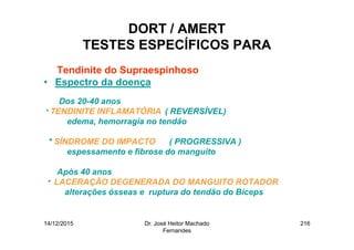 14/12/2015 Dr. José Heitor Machado
Fernandes
216
DORT / AMERT
TESTES ESPECÍFICOS PARA
• Tendinite do Supraespinhoso
• Espectro da doença
Dos 20-40 anos
* TENDINITE INFLAMATÓRIA ( REVERSÍVEL)
edema, hemorragia no tendão
* SÍNDROME DO IMPACTO ( PROGRESSIVA )
espessamento e fibrose do manguito
Após 40 anos
* LACERAÇÃO DEGENERADA DO MANGUITO ROTADOR
alterações ósseas e ruptura do tendão do Bíceps
 